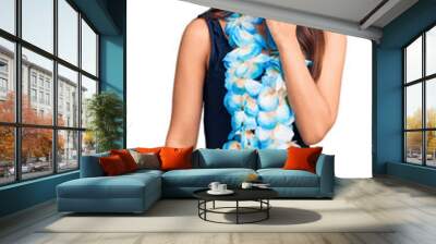 Young beautiful latin girl wearing hawaiian lei and summer hat bored yawning tired covering mouth with hand. restless and sleepiness. Wall mural