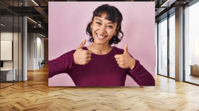 Young beautiful woman standing over pink background success sign doing positive gesture with hand, thumbs up smiling and happy. cheerful expression and winner gesture. Wall mural