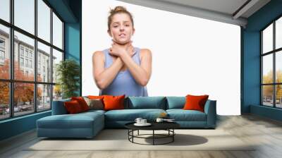 young blonde woman shouting and suffocate because painful strangle. health problem. asphyxiate and s Wall mural