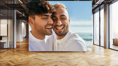 Young gay couple smiling happy hugging at the beach. Wall mural