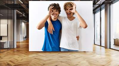 Young gay couple standing together over isolated background doing ok gesture with hand smiling, eye looking through fingers with happy face. Wall mural