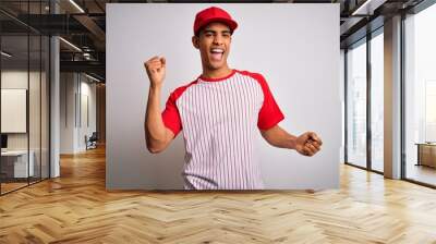 Young handsome african american sportsman wearing striped baseball t-shirt and cap Dancing happy and cheerful, smiling moving casual and confident listening to music Wall mural