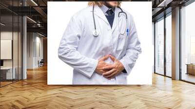 Young handsome doctor man with long hair over isolated background with hand on stomach because indigestion, painful illness feeling unwell. Ache concept. Wall mural