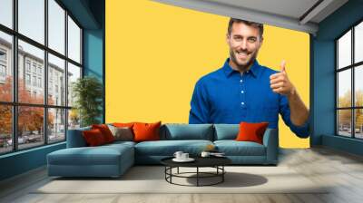 Young handsome man over isolated background doing happy thumbs up gesture with hand. Approving expression looking at the camera with showing success. Wall mural