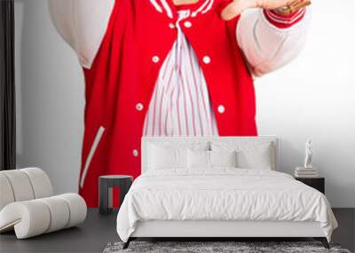 Young handsome man wearing baseball uniform doing frame using hands palms and fingers, camera perspective Wall mural