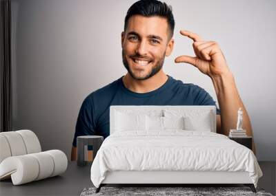 Young handsome man wearing casual t-shirt standing over isolated white background smiling and confident gesturing with hand doing small size sign with fingers looking and the camera. Measure concept. Wall mural