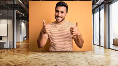 Young handsome man with beard wearing casual striped t-shirt over yellow background success sign doing positive gesture with hand, thumbs up smiling and happy. Cheerful expression and winner gesture. Wall mural