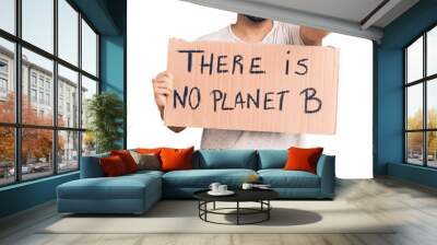 Young hispanic man holding there is no planet b banner with open hand doing stop sign with serious and confident expression, defense gesture Wall mural