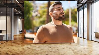 Young hispanic man smiling confident breathing at park Wall mural