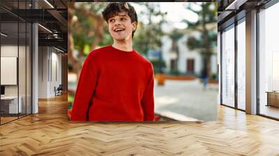 Young hispanic man smiling happy standing at the city Wall mural