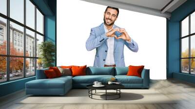 Young hispanic man wearing business jacket smiling in love showing heart symbol and shape with hands. romantic concept. Wall mural