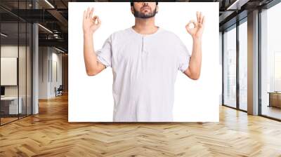 Young hispanic man wearing casual clothes relax and smiling with eyes closed doing meditation gesture with fingers. yoga concept. Wall mural