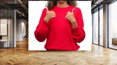 Young hispanic woman wearing red sweater success sign doing positive gesture with hand, thumbs up smiling and happy. Looking at the camera with cheerful expression, winner gesture. Wall mural