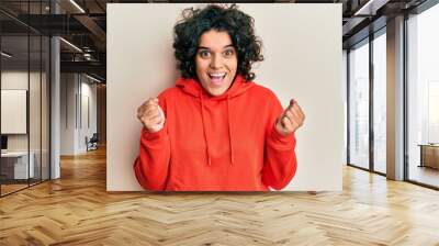 Young hispanic woman with curly hair wearing casual sweatshirt celebrating surprised and amazed for success with arms raised and open eyes. winner concept. Wall mural