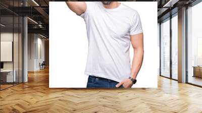 Young man wearing casual white t-shirt over isolated background confuse and wonder about question. Uncertain with doubt, thinking with hand on head. Pensive concept. Wall mural