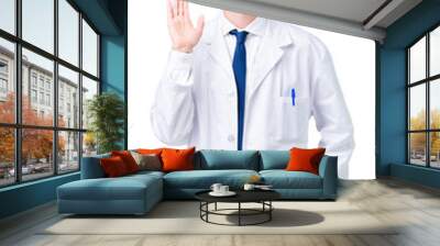 Young professional scientist man wearing white coat over isolated background Waiving saying hello happy and smiling, friendly welcome gesture Wall mural