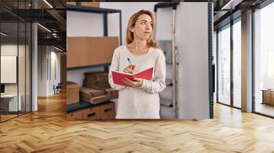 Young woman ecommerce busines worker writing on notebook at office Wall mural