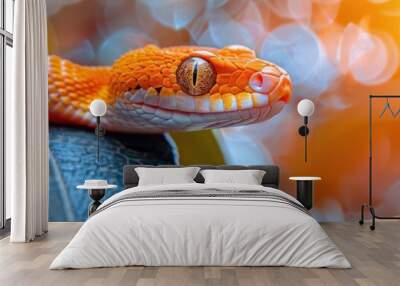 Brightly colored snake with orange eyes sitting on a leaf, animal background, banner, copy space Wall mural