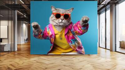 Cat wearing colorful clothes and sunglasses dancing on the green background Wall mural