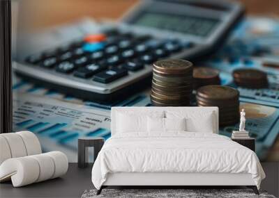 Coins and a calculator on a table, business background Wall mural