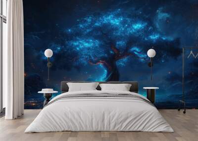 Glowing tree with blue lights in a dark sky, genealogy tree concept illustration Wall mural