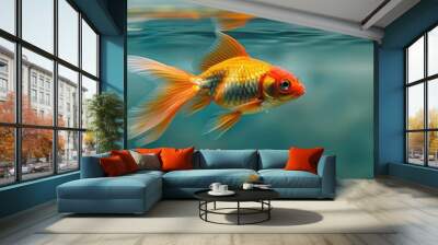 Goldfish swimming in the water with a fish hook, animal background, banner, copy space Wall mural