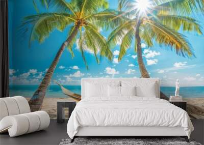 Hammock between two palm trees on the beach. Summer travel background  Wall mural