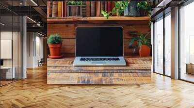 Laptop computer sitting on a wooden desk with potted plants, e-learning , banner, copy space Wall mural