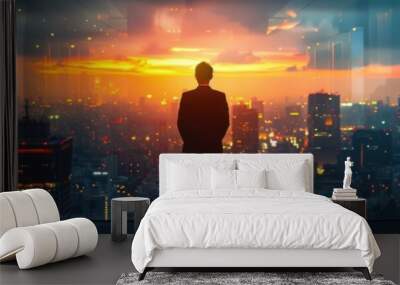 Man standing in front of a window looking at a city, silhouette of a businessman, business background, banner, copy space Wall mural