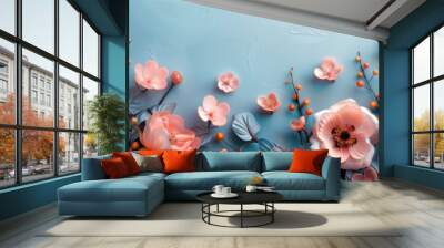 Many pink flowers on a blue wall with leaves, banner, copy space Wall mural