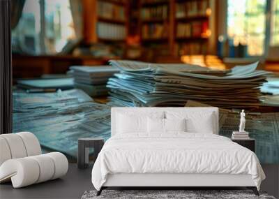 Newspapers stacked on a table in a library with a window Wall mural