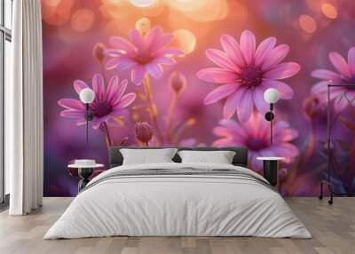 Purple flowers with a sun shining in the background, plant background, copy space Wall mural