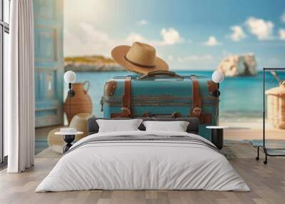 Suitcase with a hat on top of it, travel concept, banner, copy space Wall mural