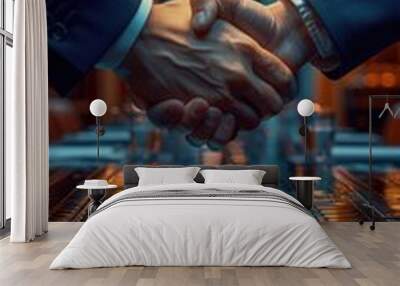 Two people shaking hands over a table, new customer Wall mural