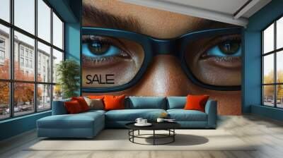 Woman wearing glasses with the word sale written on them, Sale discount concept Wall mural