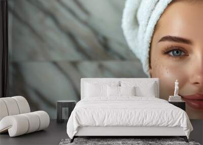 Woman with a towel wrapped around her head, cosmetologist concept , banner, copy space Wall mural