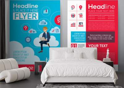 business brochure flyer template with businessman sitting on cloud network  Wall mural