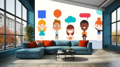 Group of kids with speech bubble character in flat design style isolated. Diversity children cartoon with communication concept vector illustration. Wall mural