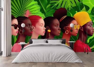 Illustration of a diverse group of stylish people standing in profile against a vibrant tropical background with green leaves Wall mural