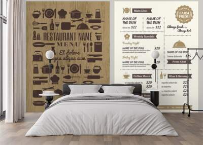 Restaurant menu design template with random utensils icon pattern on cover Wall mural