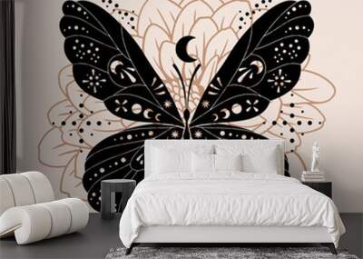 Hand drawn vector abstract graphic illustrations celestial design concept with logo magic line silhouette of mystic flying butterfly and flower isolated. Magic drawing butterfly icon. Wall mural