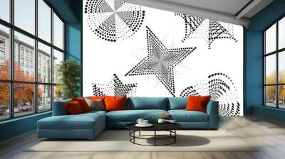 Abstract dotted shapes. Geometric halftone stars. Dynamic radial patterns. Circular and starburst forms. Wall mural