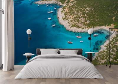 Aerial view of blue sea lagoon and yachts along the mediterranean coast. Landscape of turkish riviera nature Wall mural