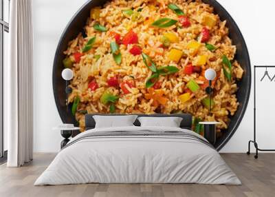 Veg Schezwan Fried Rice in black bowl isolated on white background. Vegetarian Szechuan Rice is indo-chinese cuisine dish with bell peppers, green beans, carrot. Top view Wall mural