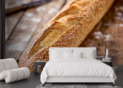 A long, slender baguette covered in golden, toasted sesame seeds, stretching across a rustic wooden  Wall mural