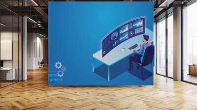 Data Analysis and Statistics concept. Isometric programmer working in a software development company office Creative providers on virtual computer screens for marketing solutions Flat Design vector Wall mural