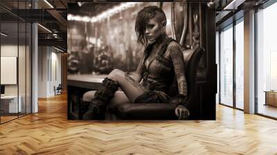 Hot tattooed cyber punk girl on the bar at evening, steampunk scene of a sexy young woman with tattoos in leather mini skirt,underground ghetto, beige and black and white, retro sci-fi concept art Wall mural