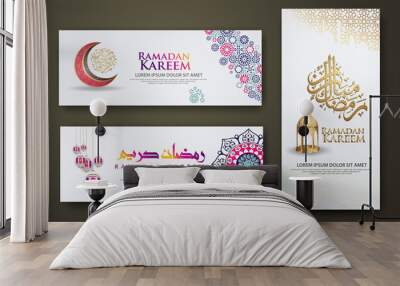 luxury and elegant roll up banner set template, Ramadan Kareem with calligraphy islamic, crescent moon, traditional lantern and mosque pattern texture islamic background Wall mural