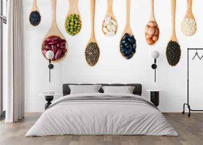 Group of beans or lentils and whole grains seeds in spoon made w Wall mural