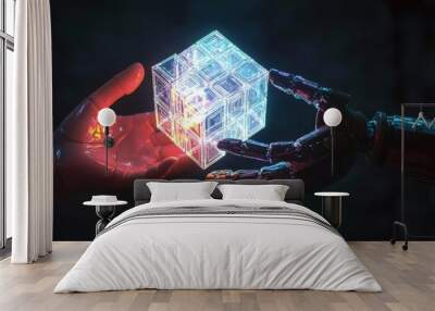 A human hand and a robotic hand reach for a glowing, translucent cube, representing the collaboration between humanity and artificial intelligence. Wall mural